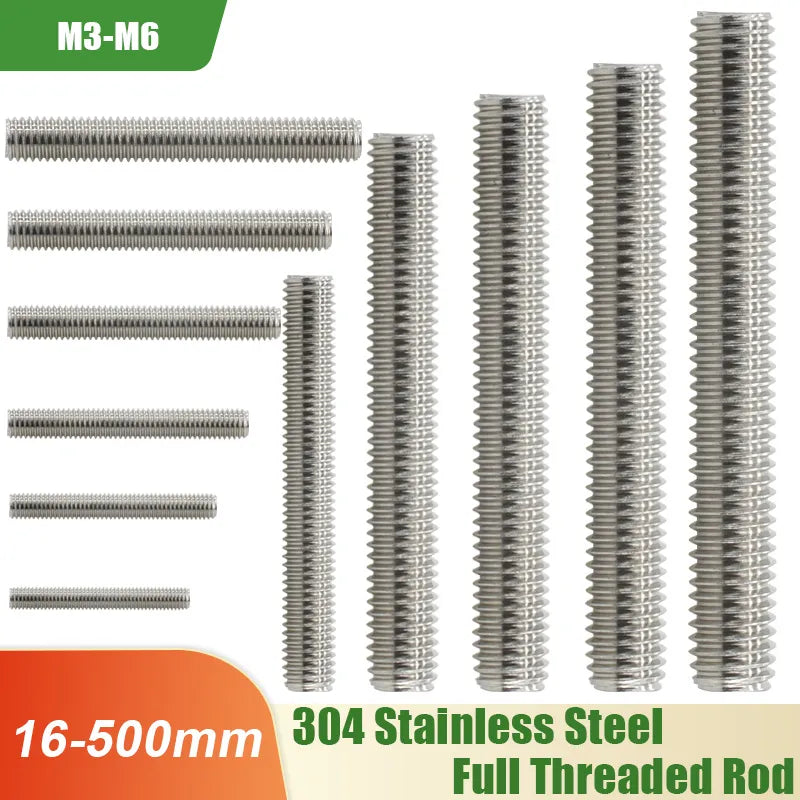 M3 M4 M5 M6 Full Threaded Rod Fully Metric Thread Rods Screws 304 Stainless Steel Bolt Stud Length 20mm 60mm 150mm 200mm 500mm